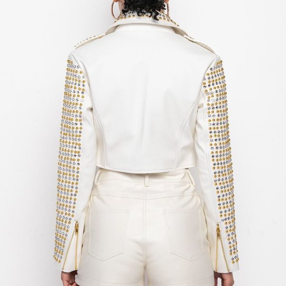 Callie Lives White Gold Azalea Wang Ivory l Studded Rhinestone Moto Jacket Large - Picture 7 of 8